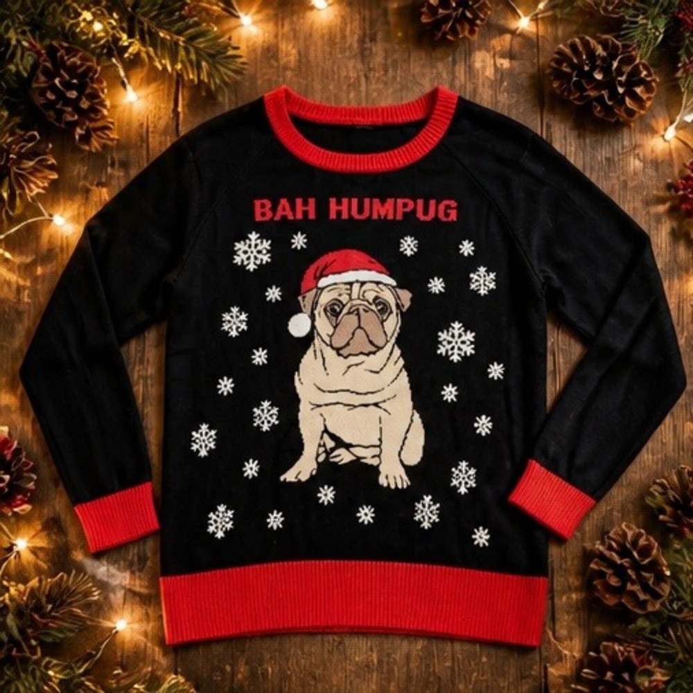 Whimsical M Holiday Sweater Bah Humpug Pug Dog Black Red Christmas Womens Medium